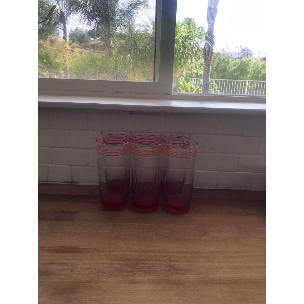Retro Style Glasses Red Stripes & Red Base Tall Drinking  Barware Set of 6